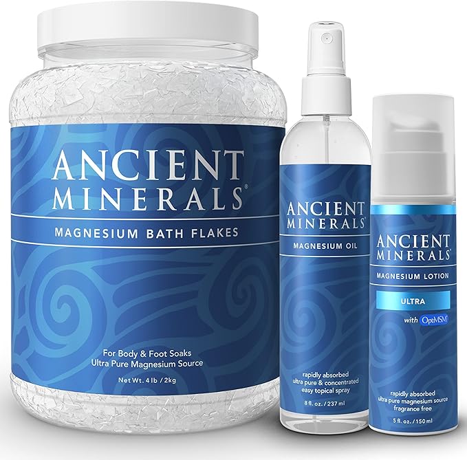 Ancient Minerals Magnesium Bath Flakes - Magnesium Oil Spray and Lotion Ultra with MSM - High-Absorption Efficiency for Relaxation Wellness &amp Muscle Relief