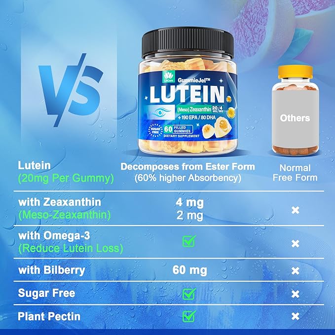 Lutein 20mg 40mg and Zeaxanthin Supplements for Eyes Lutein Gummies with Omega 3 Saffron Zinc Bilberry &amp Goji Berry for Vision Support - Eye Vitamins Gummies for Seniors - Vegan Sugar Free 6