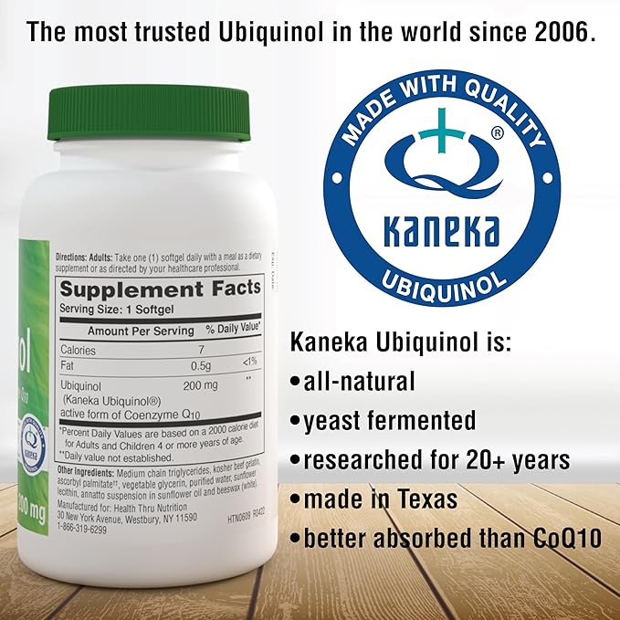 Health Thru Nutrition Ubiquinol 200mg 30 Softgels as Kaneka QH Reduced CoQ-10 | Stabilized - 3rd Party Tested | Enhanced Bioavailability | Cardiovascular &amp Mitochondria Function Support | Non-GMO