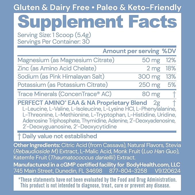 BodyHealth PerfectAmino Electrolytes Powder No Sugar Keto Sugar Free Fasting Electrolytes Drink Mix Hydration Powder with Trace Minerals - Orange - 30 Servings