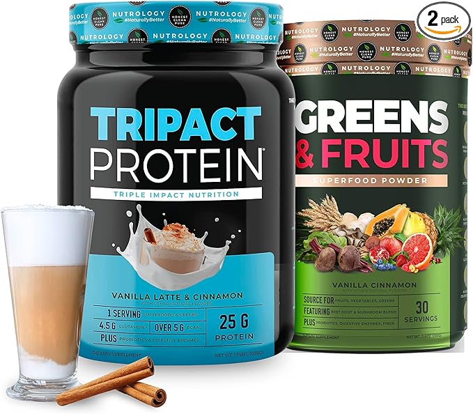 Nutrology Tripact Protein and Greens &amp Fruit Bundle - Premium Nutrition Shake - Non-GMO Grass Fed Whey Protein Naturally Sourced Fruits Vegetables Greens - Vanilla