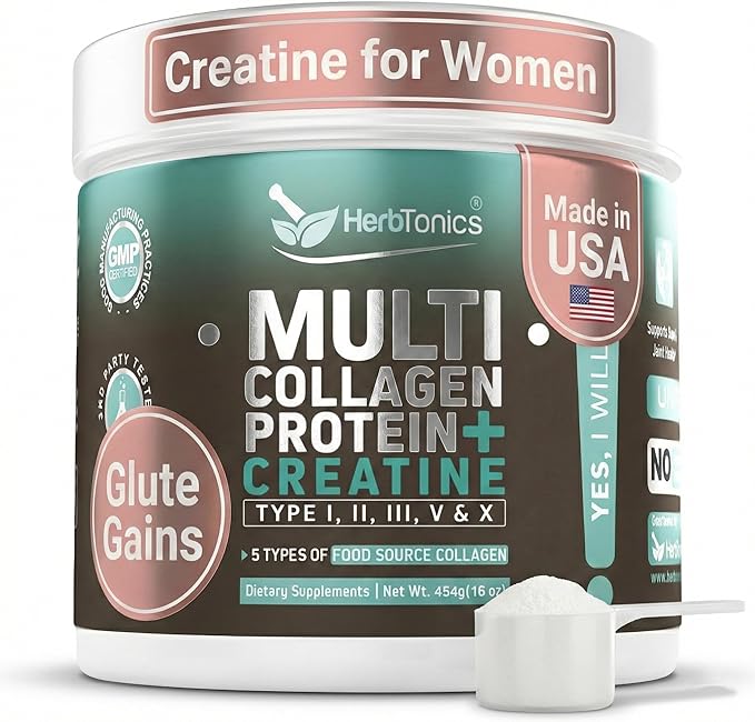 Herbtonics Creatine for Women 5000mg Creatine Monohydrate + Multi Collagen Protein Powder (Type I II III V X) – Lean Muscle Recovery &amp Skin Support – Grass-Fed No Bloat Unflavored – 30 Serv