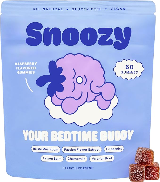 Snoozy Bedtime Buddy Reishi Mushroom Sleep Gummies | Chamomile Valerian Root Lemon Balm Extract | Natural Sleep Aid Melatonin Free | Raspberry Flavored 60 Gummies 1 Pack