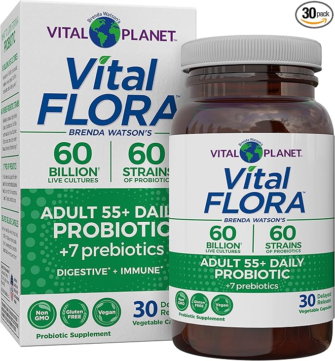 Vital Planet - Vital Flora Adults Over 50 Daily Probiotic 60 Billion CFU 60 Diverse Strains 7 Organic Prebiotics Immune Support Gas Digestive Health Probiotics for Women and Men 30 Capsules