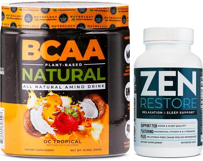 Nutrology Zen Natural Magnesium Supplement (30 Servings) &amp Nutrology BCAA Natural Plant Based BCAA Powder Orange Coconut Flavor (30 Servings)