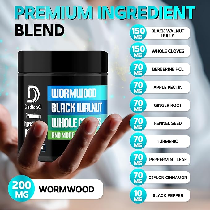 11in1 Wormwood Capsules - 180 Capsules Extracted from Black Walnut Cloves Ginger Turmeric Apple Berberine HCl &amp More - Support Immune System for 3 Months