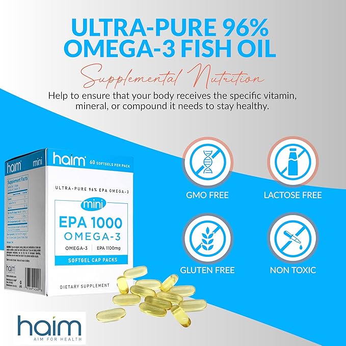 HAIM EPA1000 MINI – Pure EPA Fish Oil Supplement – 1000mg Omega-3 for Heart Brain &amp Joint Health – High Potency Burpless Softgels – Small Easy-to-Swallow Capsules – 60 Softgels – Made in USA