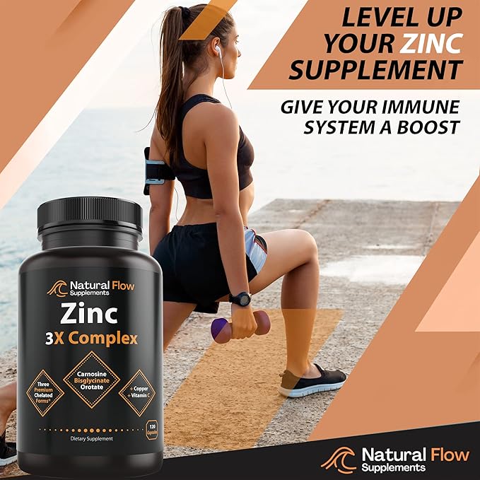 Zinc Supplement Complex with Copper and Vitamin C - Natural Flow 3X Zinc Carnosine Bisglycinate Chelate and Orotate Chelated Copper Easy on The Stomach Skin and Immune Support 120 Capsules
