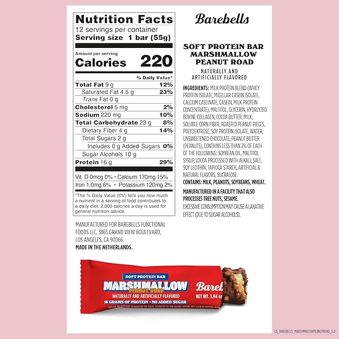 Barebells Soft Protein Bars Marshmallow Peanut Road - 12 Count 1.9oz Bars - Nutritional Snacks with 16g of High Protein - Fluffy Chocolate Treat with 2g of Total Sugars - Breakfast Bars
