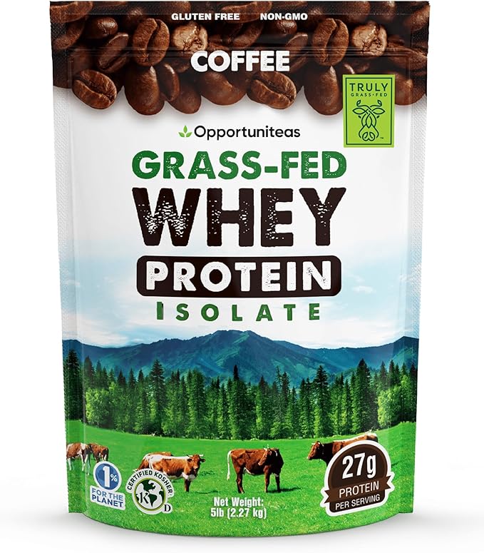 Opportuniteas Grass Fed Coffee Whey Protein Isolate Powder - 27g Protein Powder Without Artificial Sweeteners 60mg Caffeine Hormone-Free Cows - 5lb