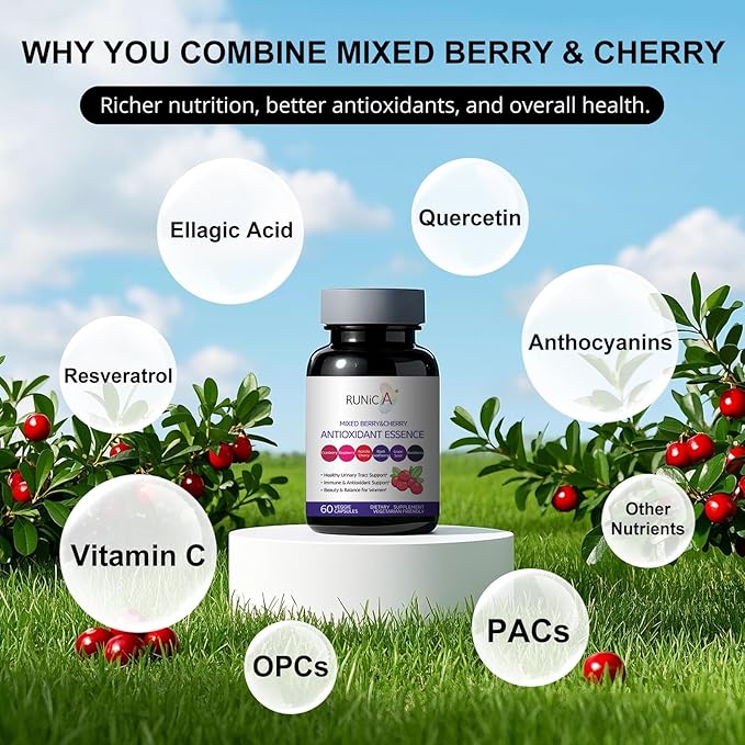 6X 6-in-1 Mixed Berry &amp Cherry Antioxidant Supplement - 6-Berry Superfood Blend for Radiant Skin Glow &amp Immune Support - 60 Vegan Capsules 30-Day Starter Pack