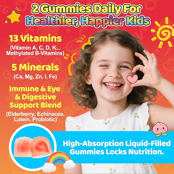 Organic Kids Multivitamin Gummies: Sugar Free Multi Vitamin Gummy with Vitamins D3 Iron Omega Probiotic Elderberry Calcium Zinc Dha - Immune Focus Health Support for Teen Boys Girls(120Count)