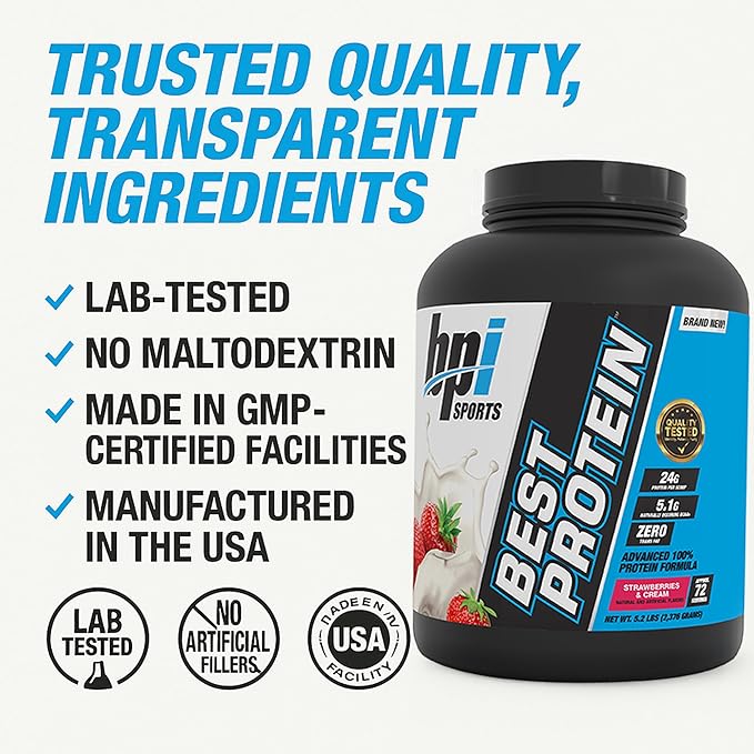 BPI Sports Best Protein – 100% Whey Protein Powder – Muscle Growth Recovery Meal Replacement – No Maltodextrin No Fillers Gluten Free – for Men &amp Women | Strawberries and Cream – 5.2 Pounds