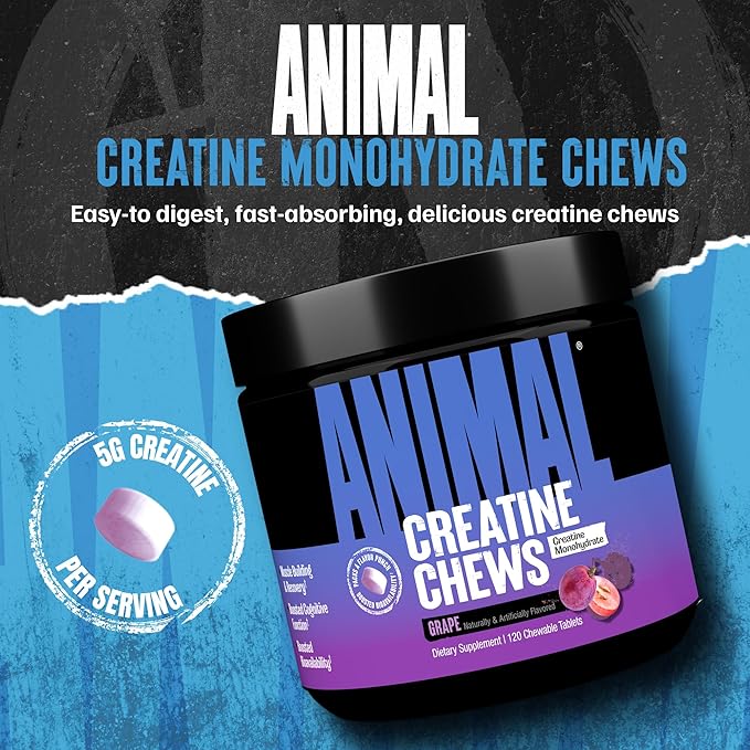 Animal Creatine Chews – 5g Creatine Monohydrate Tablets for Strength Power &amp Training Recovery Support – Enhanced Absorption with AstraGin® – Convenient Chewable Format – 120 Tablets