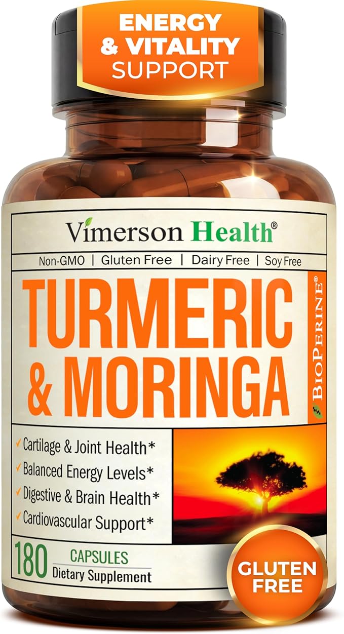 Moringa Turmeric Curcumin Supplement for Joint Health Gut Health Energy &amp Immune Support – Turmeric Curcumin with Black Pepper – Total Wellness Formula with Tumeric Moringa Pure Capsules – 180 C