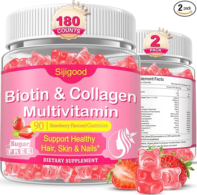 180 Count | Collagen Peptides Gummies for Women Men Collagen Gummies with Multi Hydrolyzed Protein Type IIIIIIVX Biotin Vitamin C B12 D A E for Skin Hair Nails Bone Sugar Free