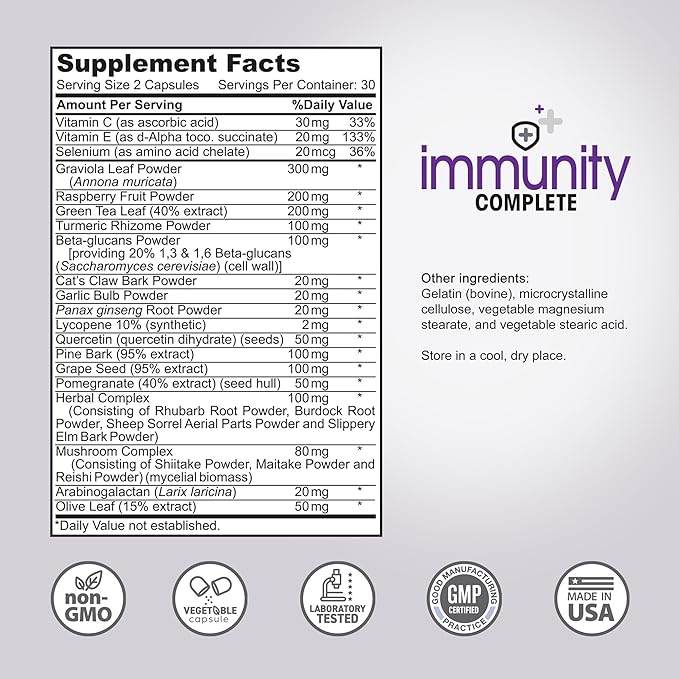 Instant Brands Immunity Complete - 20-in-1 Immune System Booster Formula with Cat's Claw Quercetin Vitamin C and Olive Leaf Extract 60ct (Pack of 2)