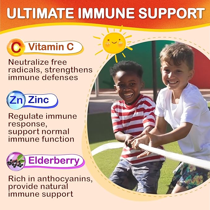 Sugar Free Kids Multivitamin Gummies - Kids Vitamins with Iron Probiotics &amp Omega-3 for Healthy Growth - Plus Elderberry Vitamin C D3 &amp Zinc for Immunity - Ages 4-12 Natural Peach Flavor