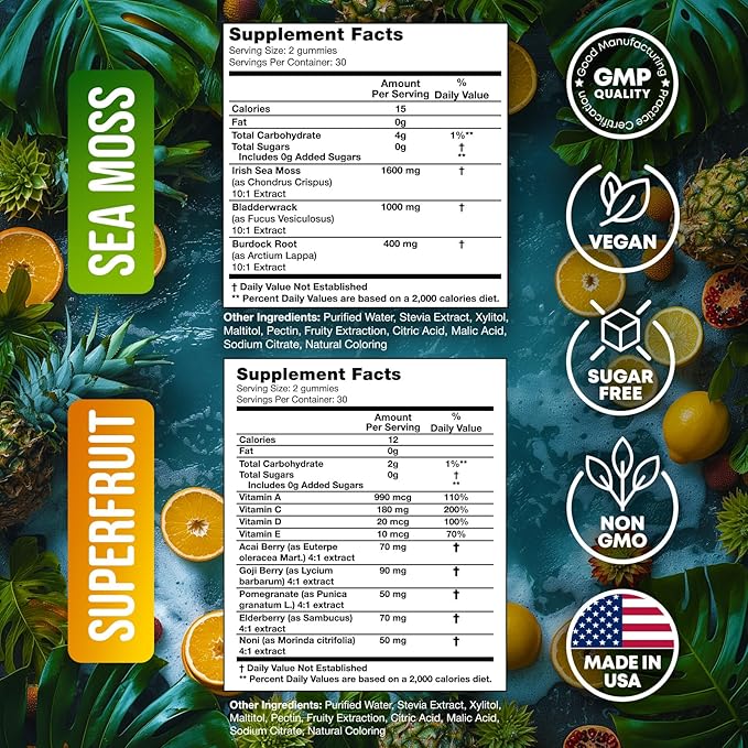 Irish Sea Moss &amp Superfruit Gummies - Fruit Multivitamin Gummies &amp Sea Moss Gummies for Adults Kids - Superfruits Irish Sea moss Bladderwrack Burdock Root - 60 Superfruit 60 Irish Sea Moss