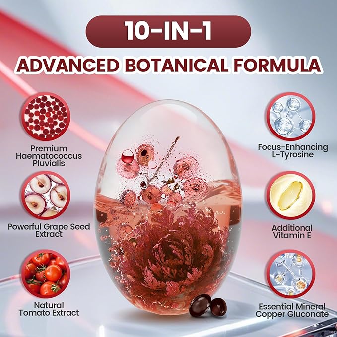 10 in 1 Astaxanthin Supplements 12mg 16 Month Supply Astaxantina Antioxidant from Fresh Haematococcus Pluvialis Contains Lycopene Grape Seed Vitamin E More Supports Eye Joints Skin Health 4Bag