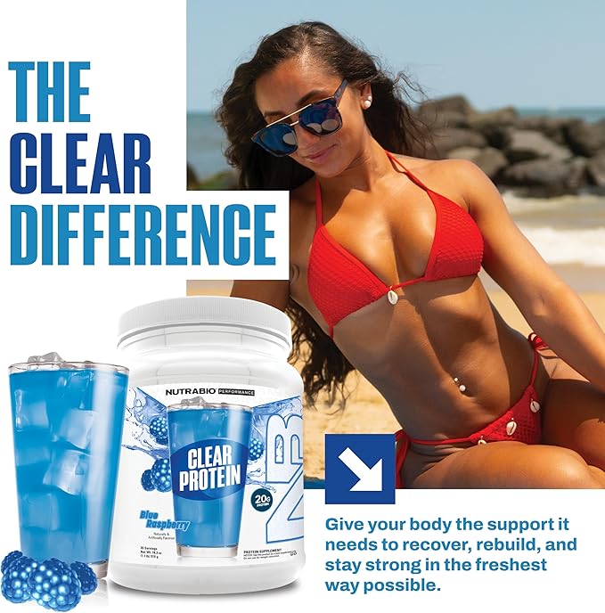 NutraBio Clear Protein Powder Blue Raspberry - 20 Servings 20g Clear Whey Protein Isolate 0 Sugar 0g Lactose Refreshing Fruit Flavors GLP1 Support - Bone Health - Muscle Post Workout Recovery