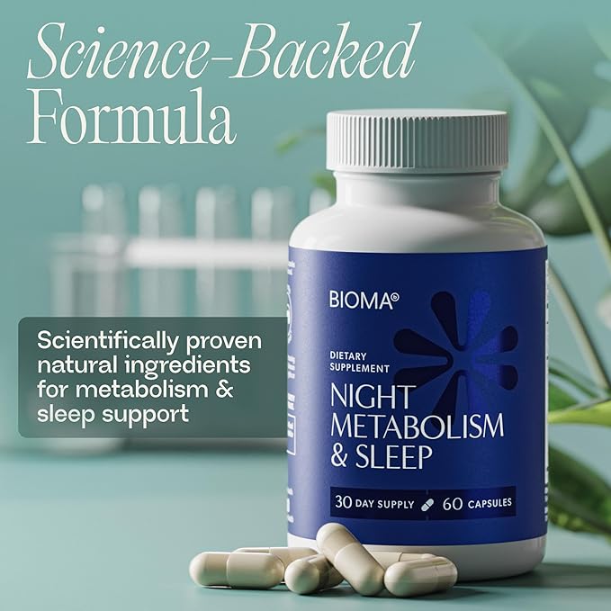 BIOMA Night Metabolism &amp Sleep - Supports Digestion Energy Metabolism &amp Restful Sleep with Melatonin Vitamin D Magnesium &amp More - 60 Capsules (30-Day Supply)