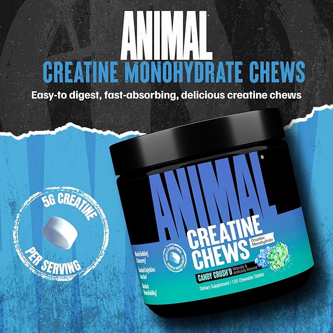 Animal Creatine Chews – Enhanced Creatine Monohydrate Chewable Tablets with AstraGin &amp Sea Salt Max Absorption Pre Post-Workout Lean Muscle Growth Strength &amp Recovery New Flavor Candy Crus