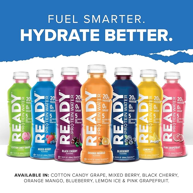 Ready® Clear Protein Water – 20g Whey Protein Isolate Zero Sugar Low-Calorie Sports Drink for Hydration &amp Recovery – Electrolytes Essential Amino Acids – Mixed Berry 16.9 fl oz Bottles (12-Pac