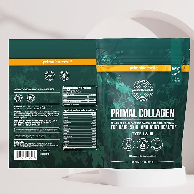 Primal Harvest Collagen Powder for Women or Men Primal Collagen Peptides Powder Type I &amp III 10 Oz Collagen Protein Powder for Hair Skin Nails (Single Original)