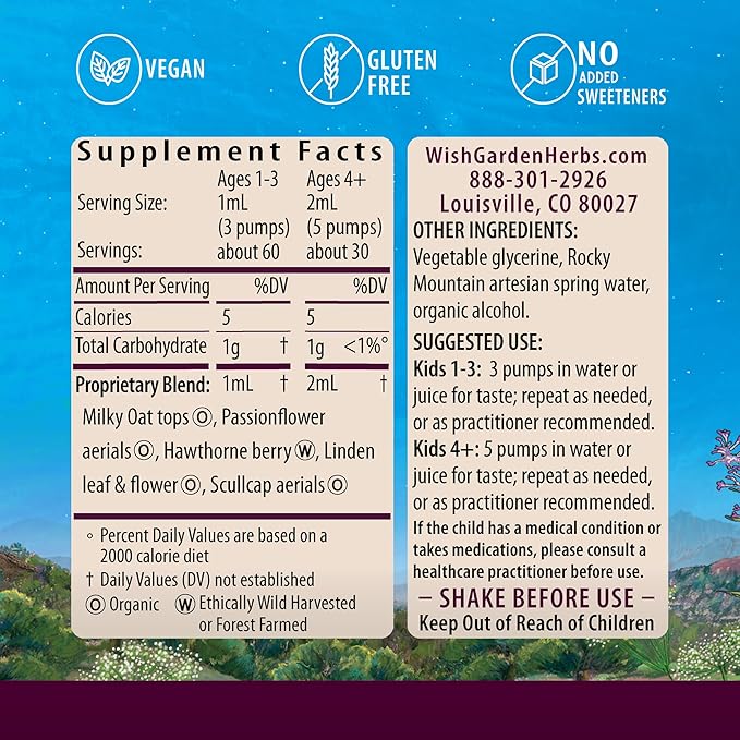 WishGarden Herbs Sleepy Nights for Kids - All-Natural Herbal Sleep Aid Tincture Without Melatonin Organic Sleep Supplement with Passionflower &amp Scullcap Supports Safe and Restful Deep Sleep 2oz