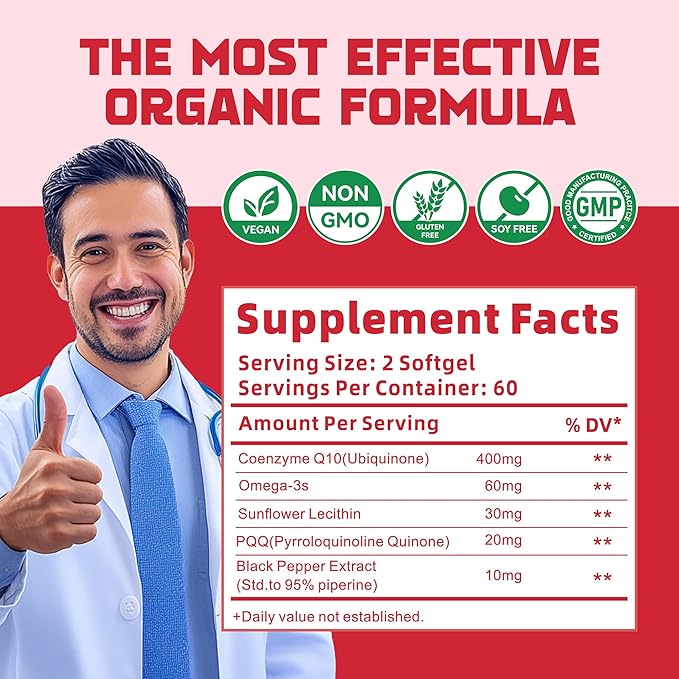 CoQ10-400mg-Softgels with PQQ BioPerine &amp Omega-3 Coenzyme Q10(Ubiquinone) Supplement for High-Absorption Powerful-Antioxidant Support Heart &amp Energy-Production 120 Servings