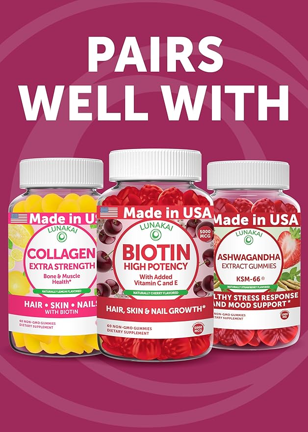 Lunakai USA Made Super Hair Gummies with Biotin Zinc Horsetail Extract &amp Saw Palmetto - Hair Growth Vitamins for Women &amp Men – Supports Thicker Longer Stronger Tresses Skin &amp Nails -