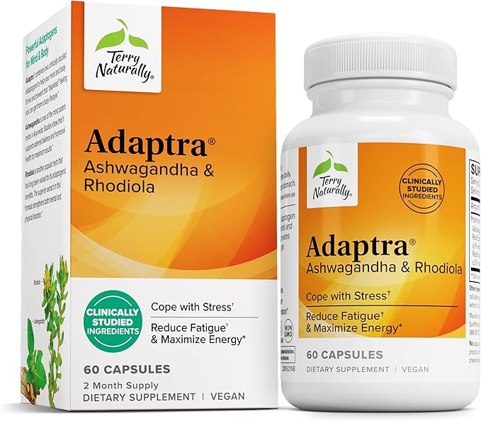 Terry Naturally Adaptra - Supplement to Support Adrenal Health - Ashwagandha Supplement with Rhodiola Rosea Extract - Herbal Supplement to Support Energy &amp Concentration - 60 Capsules
