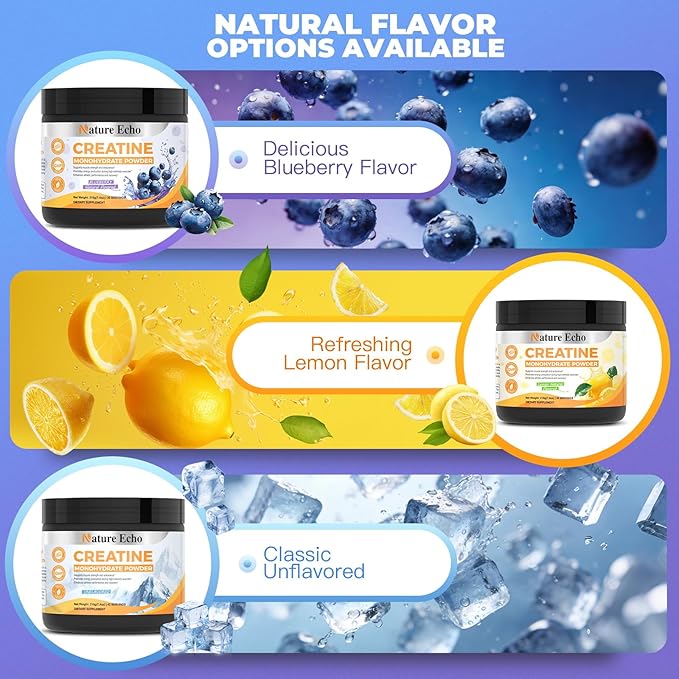 Creatine Monohydrate Powder - Blueberry - 30 Servings - 5g of Creatine Monohydrate - Supports Muscle ATP Production Energy Strength - Vegan Gluten Free