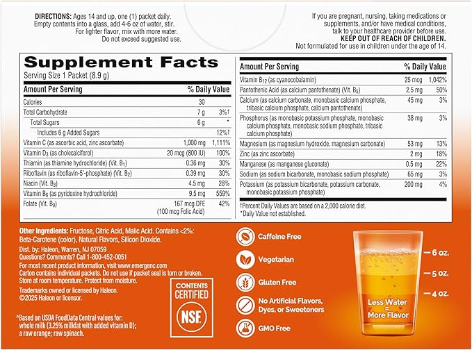 Emergen-C 1000mg Vitamin C Powder for Daily Immune Support Caffeine Free Vitamin C Supplements with Zinc and Manganese B Vitamins and Electrolytes Super Orange Flavor - 60 Count/2 Month Supply