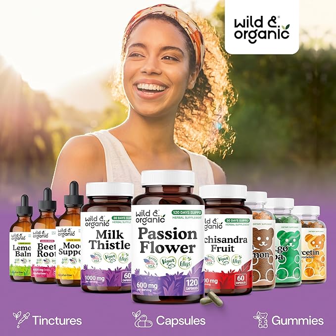 Wild &amp Organic Passion Flower Extract Capsules 600 mg - Relaxation &amp Mood Support - Passionflower Supplement - Passiflora Incarnata Herb - Vegan No Fillers Non-GMO - 120 Count