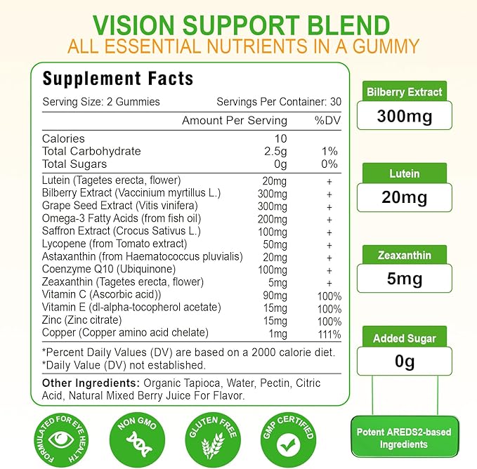Lutein 20 mg with Zeaxanthin Gummies Lutein and Zeaxanthin Supplements with Eye Vitamins C E Bilberry for Eye Health - 120Cts