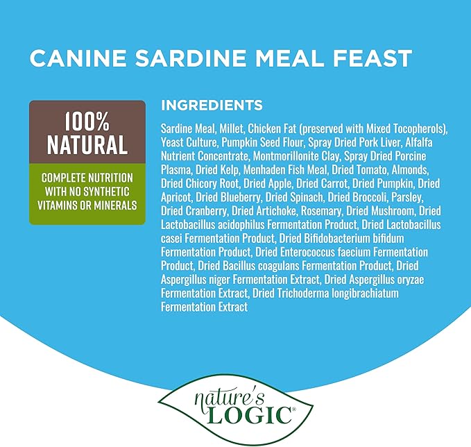 Nature's Logic Dry Dog Food - 100% Natural - No Synthetics - for All Ages Sizes Breeds - Free from Common Allergens High Protein - Sardine Meal Feast 13lbs