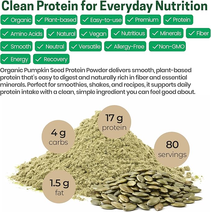 Z Natural Foods Organic Pumpkin Seed Protein Powder - Nutrient-Dense Fiber Supplement Vegan Pumpkin Protein Powder for Hair Skin Nails Muscle Health - Ideal for Smoothies Shake Baking Recipes 5 lbs