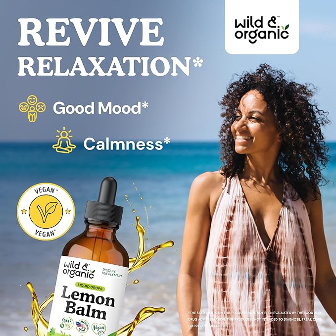 Wild &amp Organic Lemon Balm Tincture - Good Mood Support - Melissa Lemon Balm Extract Drops - Add to Tea for Relaxation - Vegan Sugar &amp Alcohol-Free Leaf Supplement - 4 fl oz