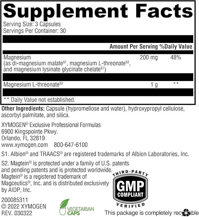 XYMOGEN OptiMag Neuro - Magnesium L Threonate Supplement with Chelated Magnesium Lysinate Glycinate - Support Brain Health &amp Relaxation (90 Capsules)