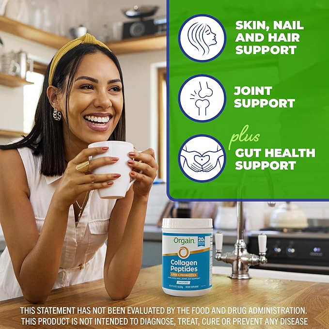 Orgain Hydrolyzed Collagen Peptides + Prebiotic &amp Probiotics Powder for Women &amp Men 20g Grass Fed Collagen 1 Billion CFU - Supports Digestive Hair Skin &amp Joint Health Non-GMO Type I
