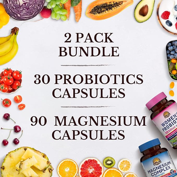 Vitalitown Magnesium + Probiotic Bundle (Pack of 2) | 10-in-1 Magnesium Complex &amp Women’s Probiotics 120 Billion CFUs | 90 Magnesium Caps &amp 30 Probiotic Caps