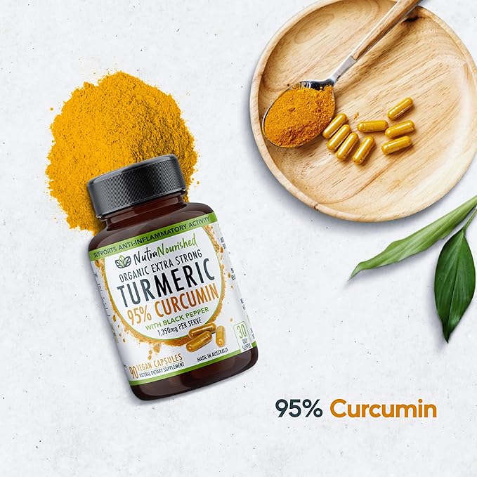 Nutra Nourished Organic Turmeric Curcumin with Black Pepper - 1350mg Standardized Tumeric 95% Curcumin| Highest Strength Curcumin Curcuma Capsules | Made in Australia (90 Capsules)