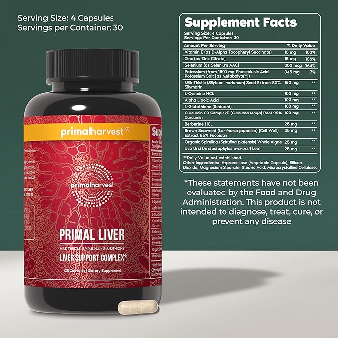 Primal Harvest Primal Liver Supplement with Alpha-Lipoic Acid L-Cysteine HCL L-Glutathione Milk Thistle and Spirulina for Men and Women (2 Pack (240 Capsules))