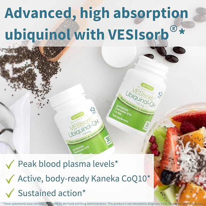Igennus Advanced VESIsorb Ubiquinol 100mg 30 Softgels 600% Bioavailability Fast-Acting Water-Soluble Coenzyme Q10 Supplement for Energy &amp Heart 1-Month Supply