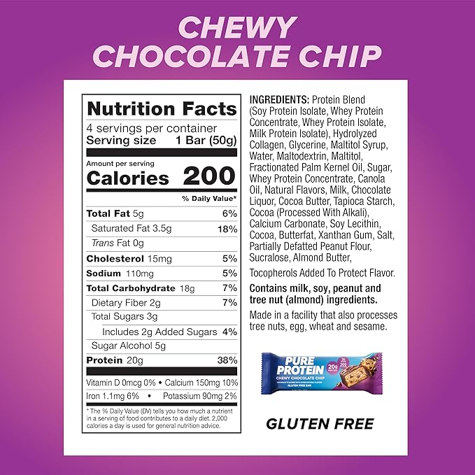 Pure Protein Chewy Chocolate Chip Protein Bars – 20g Protein 3g Sugar 190 Calories (36 count) Low Sugar* High Protein Snack - Gluten Free - Perfect for a Healthy Snack