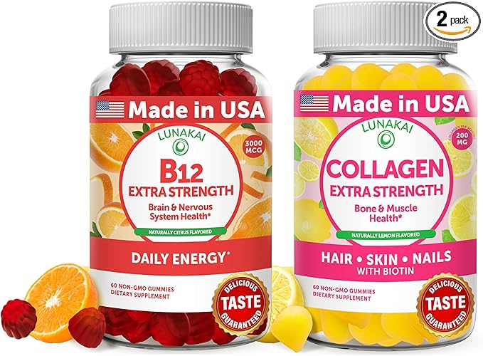 Lunakai Vitamin B12 and Collagen Gummies Bundle - 3000 mcg Methylcobalamin High Absorption Energy Gummies - Non-GMO Anti Aging Supplements for Men &amp Women - 30 Days Supply