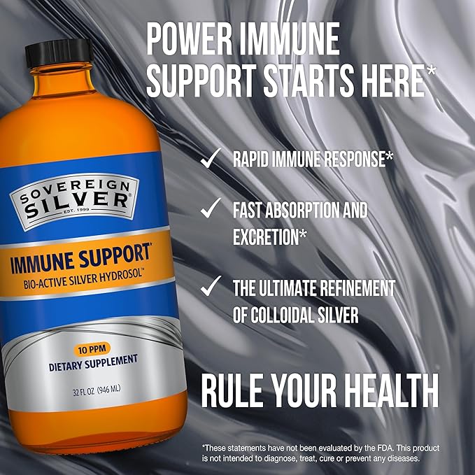 Sovereign Silver Immune Support - Colloidal Silver Bio-Active Silver Hydrosol 10 ppm Liquid Twist Top 32 Fl Oz (946 mL)