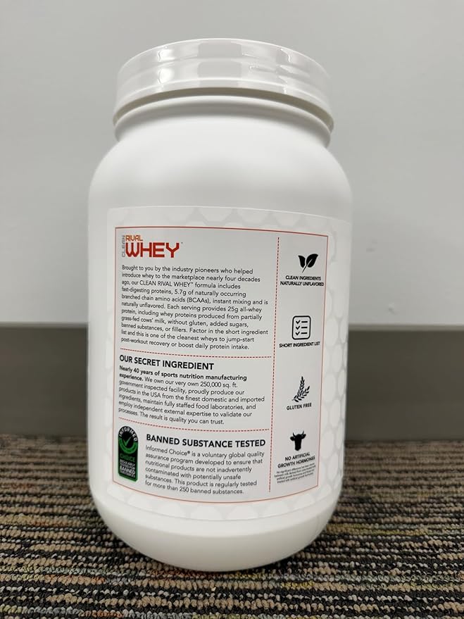 RIVAL NUTRITION Clean Rival Whey – 2LB Unflavored – 100% Whey Protein Powder Whey Isolate Primary Source | 25g Protein Muscle Gain/Recovery | All Natural No Artificial Ingredients - 29 Servings